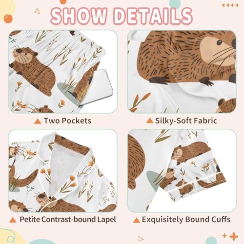 senya Cute Beavers Satin Summer Pajama Sets Silk Short Sleeve Button Down Sleepwear3