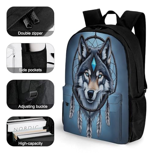Unisex Native Wolf Dream Catcher Backpack, Elegant Large Capacity Backpack with Water Bottle Pocket, Adjustable Travel Shoulder Bag for Women Men3