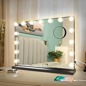 Depuley Hollywood Make-upspiegel met verlichting, spiegel met 15 instelbare ledlampen, USB, 3 kleurtemperatuurverlichting, touch-bediening, zwarte make-upspiegel voor kaptafel, salon, 58 x 45 cm