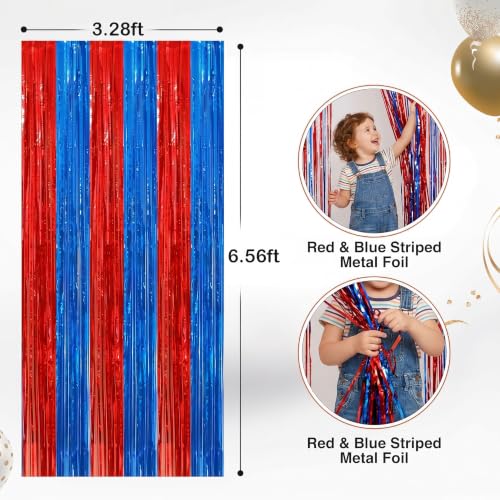 Image of 2Pack Red Blue Metallic Tinsel Foil Fringe Curtains, Blue Door Streamers Photo Booth Backdrop for Birthday Party, Tinsel Curtain Backdrop for Baby Shower Bachelorette Xmas Party Decorations