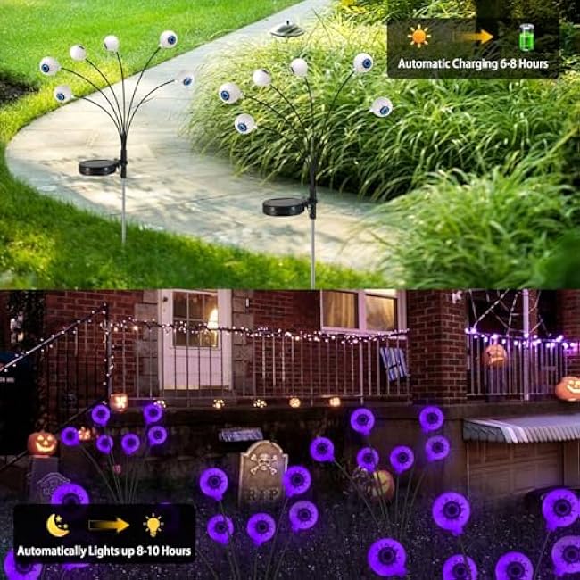 Halloween Solar Lights Outdoor Waterproof Solar Scary Eyeball Lights, 2 Pack Green Eyeball Swaying Firefly Lights, Solar Halloween Path Lights for Yard Garden Lawn Party Decor, Purple