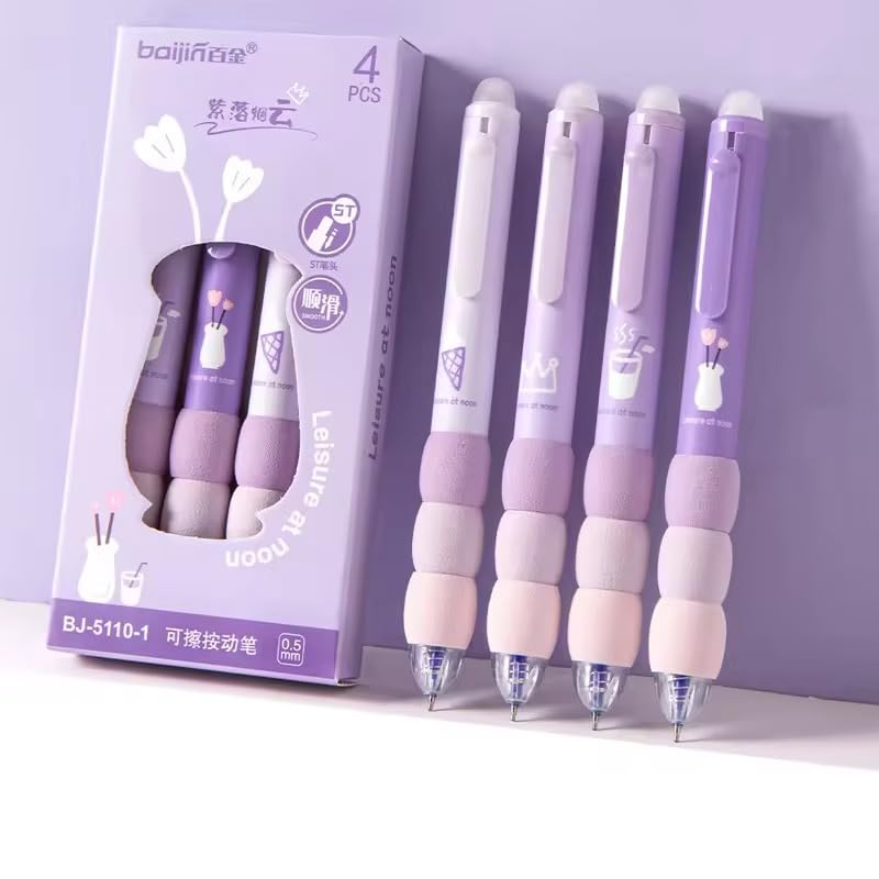 Image of Purple Erasable Gel Pens Set, Blue Ink, Cute Design with Rubber Eraser Cap, 4 Pieces, Student Writing and Office Stationery Gift Set (4-Purple)