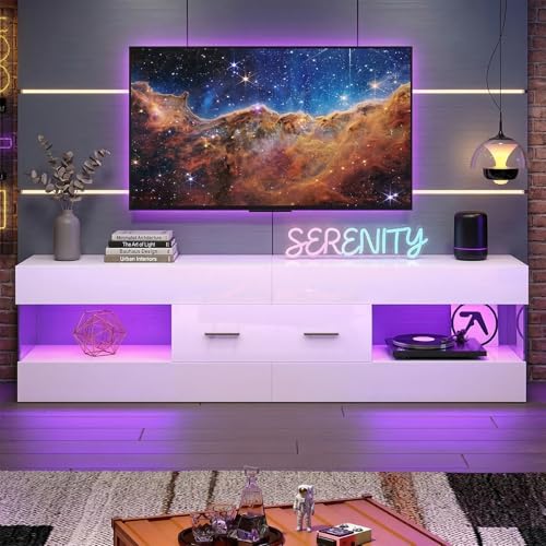 Image of Bestier 60 Inch White Modern TV Stand, LED Entertainment Center Console