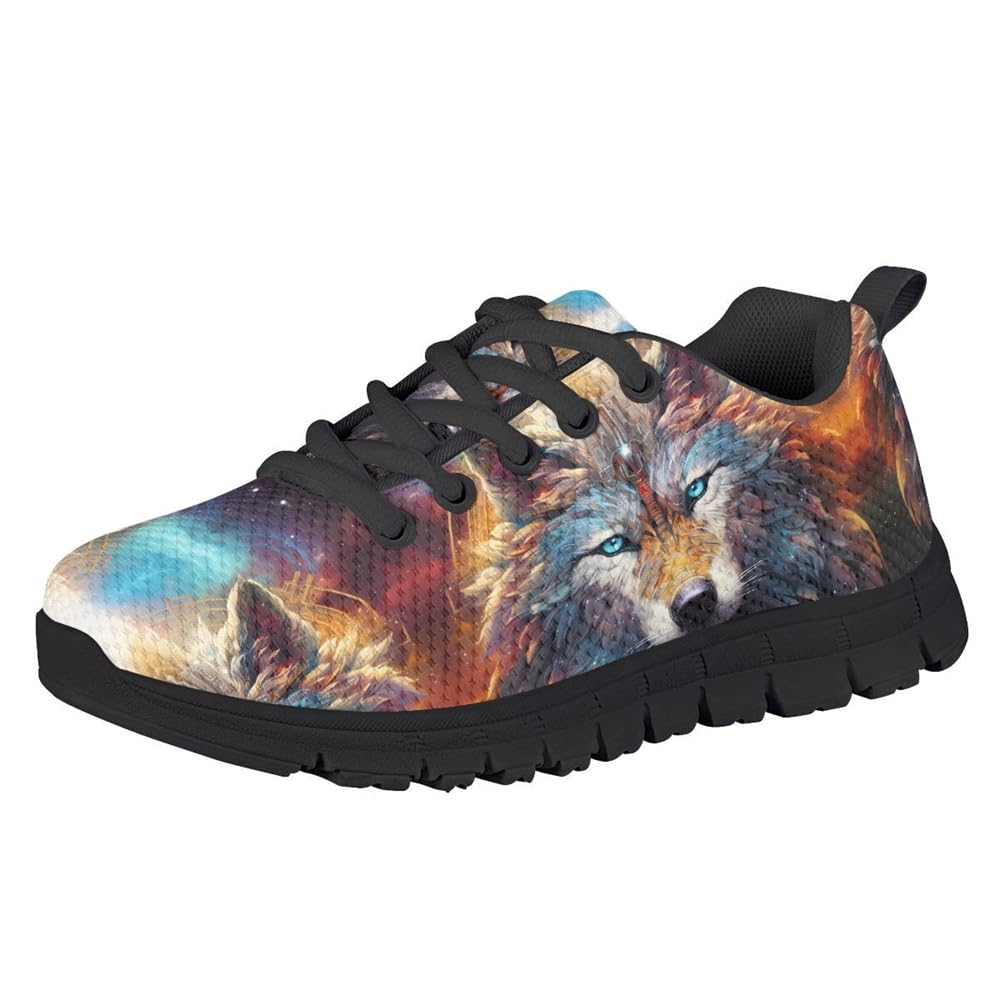 GLUDEAR Unisex Kids Wolf Print Sneaker Lightweight Breathable Running Tennis Girls Boys Shoes,Cool Galaxy Wolf,3 US