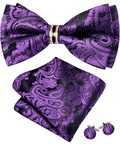 Image of YOHOWA Mens Bow Tie Set Paisley Pre-tied Bowties Adjustable with Handkerchief Cufflinks Gold Ring Set Wedding Prom Party