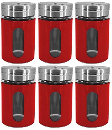 My-goodbuy24 Gewürzstreuer [6er Set ] Salzstreuer Pfefferstreuer aus Glas & Edelstahl mit Dreh-Deckel und einem Stichtfenster Vorratsglas Gewürzdose Dose Streudose - Rot