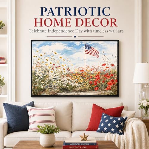 Image of American Flag Framed Canvas Wall Art, 4th of July Floral Canvas Prints, Wildflower Landscape Patriotic Decorations, Vintage Rustic Independence Day Wall Decor for Bedroom Living Room Office 8x10