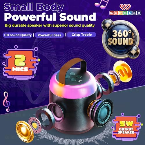 Image of Wembley Bluetooth Karaoke Speaker Set | Speaker with Two Wireless Microphones | HD Sound with 6 Sound Modes | 5W Output Speaker | Birthday Gift for Kids and Adults (Cylindrical, Black)