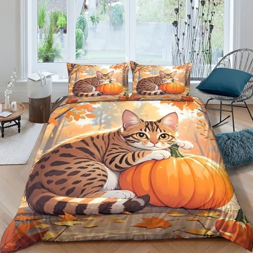 Housse de Couette Chat d'Automne 140x200 Parure Lit Microfibre - 4