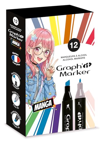 Graph'it - Set de 12 Marqueurs à Alcool Double Pointe : Fine et Biseautée pour Dessin de Manga, Illustration, Colorant, Esquisse, Écriture - Rechargeables - Set Manga