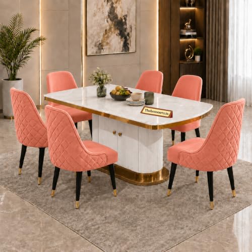Image of 6-Seater Modern Elite Opal Storage Wooden Dining Table Set | 2 Year Warranty | Created Italian Statuario Marble Top | Elegant Composite Marble Table with 6 Chairs (Pink)