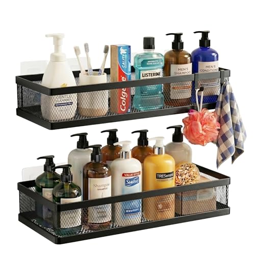 PUSDON Mesh Shower Caddy Wall Mount, Heavy Duty Adhesive Bathroom Shelf Organizer, Rustproof Floating Spice Rack for Kitchen Pantry, Holds 50 LBS, Multi-Purpose Storage Black-2 Packs (Netting)