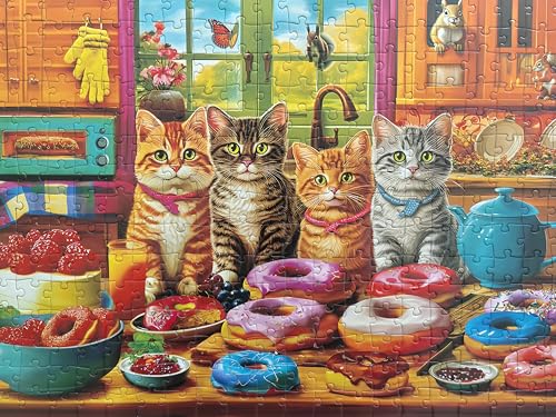 Image of 300 Pieces Jigsaw Puzzles for Adults - Puzzles for Kids Ages 6-8 8-10 10-12 - Large Piece Puzzles for Seniors - Kitchen Kittens and Donuts