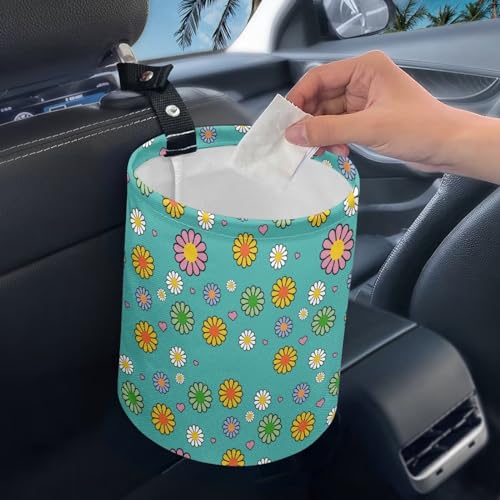 Image of Hippie Flower Cute Print Car Trash Can Reusable Foldable Hanging Portable Dustbin Bin Waste Basket Car Accessories Interior for Car SUV Trucks Universal