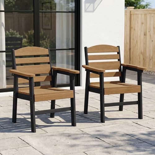 Image of Outdoor Dining Chairs Set of 2, HDPE Patio Weather Resistant Stackable Chair for Garden, Backyard, Lawn and Poolside, Black and Teak
