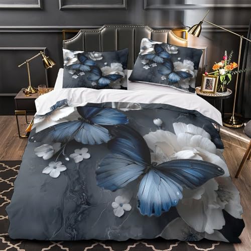 Parure de lit papillon bleu en microfibre 135x200cm pour lit simple
