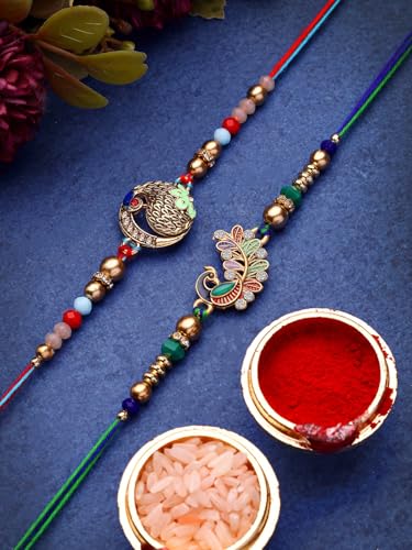 Image of Sukkhi Rakhi Iconic Designer Kundan Meenakari Red Green Gold Plated Premium Rakhi for Brother with Roli Chawal & Greeting Card|Rakhi for Brother /Bhaiya /Bhai /Men|Rakhi Combo-Set of 2