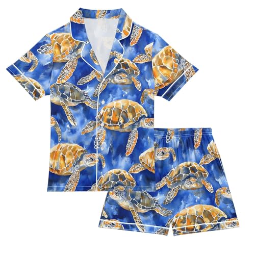 ALAZA Turtle Sea Oil Painting Blue Satin Pajamas Set Short Sleeve Button Down Sleepwear Summer Pjs 2 Piece