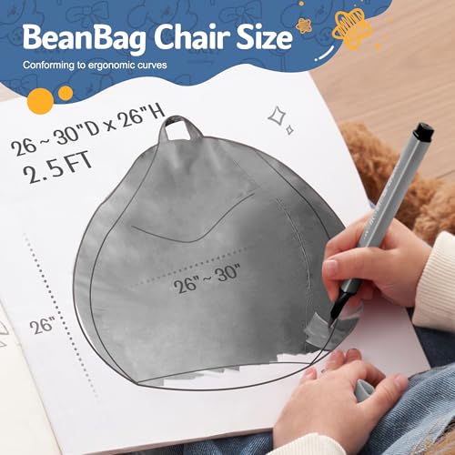 Homguava 2FT Bean Bag Chair: 2' Bean Bags with Memory Foam Filled,Comfy Beanbag Chairs Round Bean Bag Sofa with Dutch Velvet Cover-Grey