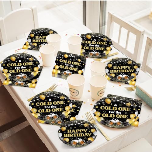 Image of 96 Pcs A Cold One for The Old One Party Decorations Black Gold Tableware Set for Men Party Favor Cheers Birthday Party Plates and Napkins for 30th 40th 50th Dinnerware Supplies for 24 Guests