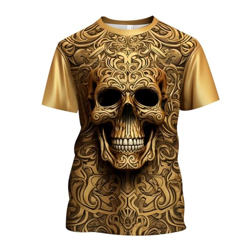Image of Men's Skull Shirt - Skull Armour - Horror T-Shirt Men - Skull T-Shirt - Halloween Skull Death Metal Biker Gothic Fashion Blouse Sporty Crew Neck Short Sleeve T-Shirt, yellow, M