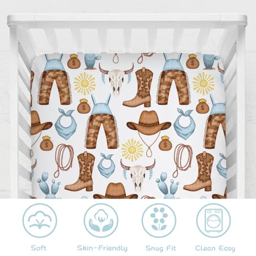 Image of Blue Western Cowgirl Cowboy Fitted Baby Crib Sheet for Boy Girl 52 inchx28 inch Desert Cowboy Hat Boot Sun Cactus Soft Breathable Baby Crib Mattress Bed Sheet Fits Standard Crib and Toddler Mattress
