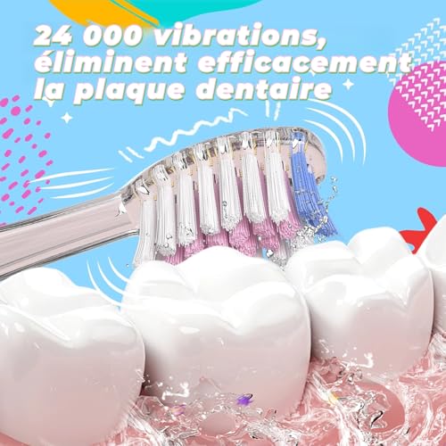 Elektrische Zahnbürste für Kinder, 3-12 Jahre, 2 Minuten Timer für gute Gewohnheiten, 4 weiche Ersatzköpfe, AAA-Batterie enthalten, farbige LED für Spaß beim Zähneputzen (Violett) – Bild 4