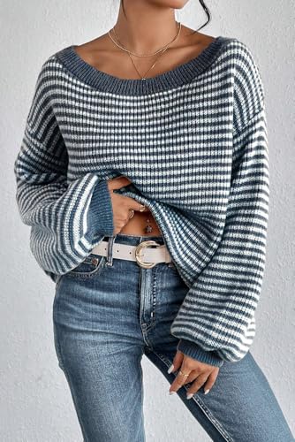 Chic and Cozy Sweater with Lantern Sleeves - Sail Blue Striped Pattern4