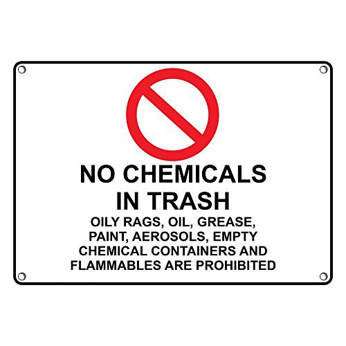 Weatherproof Plastic No Chemicals in Trash Oily Rags, Sign with English Text and Symbol
