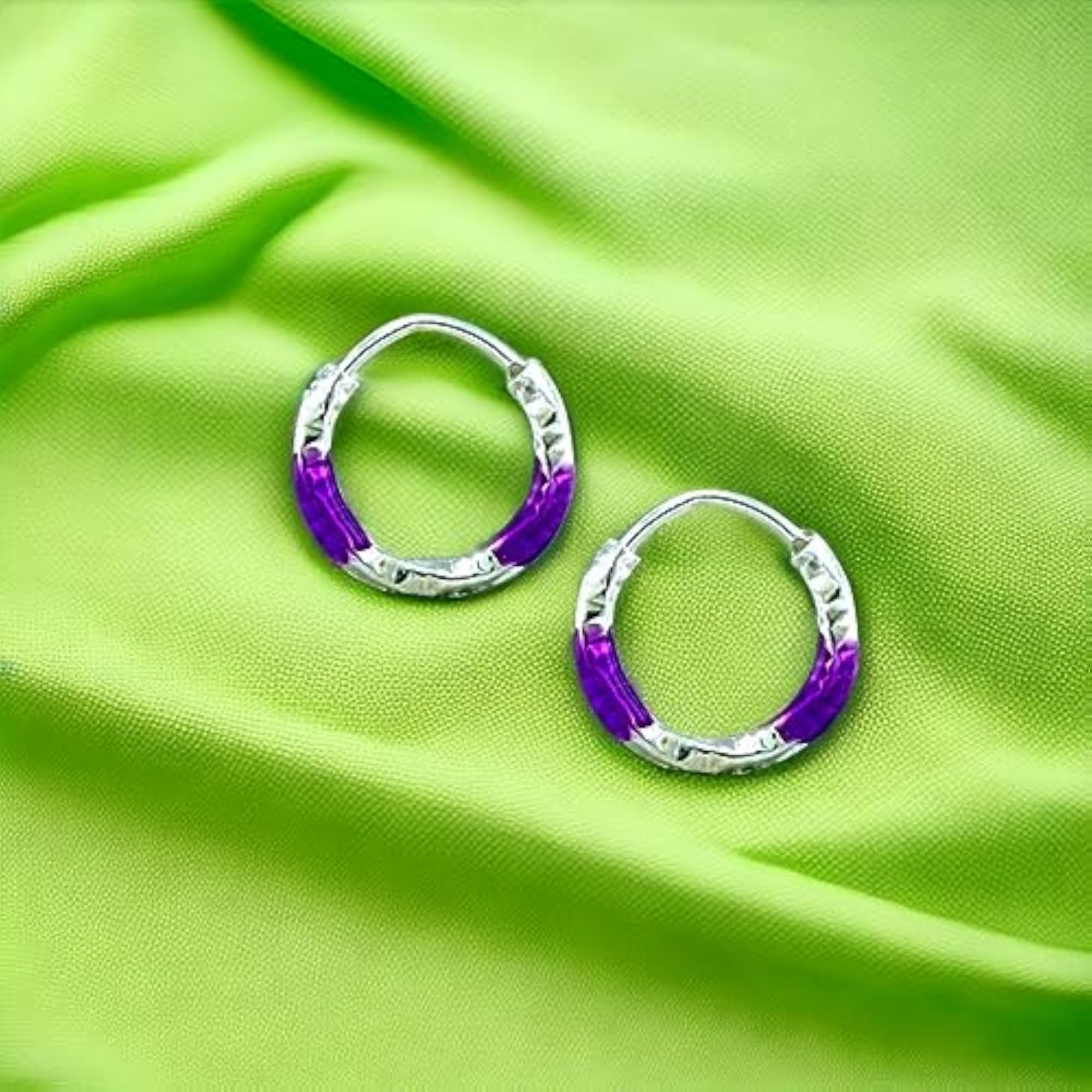 925 Sterling Silver Violet Enamel Hoops for Girls