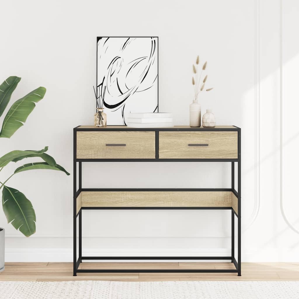 Tavolo Consolle Rovere Sonoma 90x35x80 cm con Cassetti e Ripiani | Mobile da ingresso salvaspazio con struttura in metallo stabile, ideale per organizzare corridoio e soggiorno.