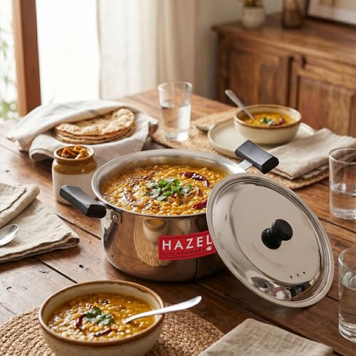 Image of HAZEL Stainless Steel Casserole with Lid, 3 Litre, 19.3 cm | Flat Bottom Patila, Cool Touch Handles, Milk Tope for Induction Cooktop & Gas, Steel Bhagona
