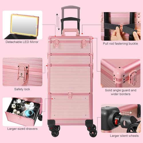 Somduy Makeup Train Case with LED Mirror, Rolling Makeup Case with Drawers, Cosmetology Case on Wheels, Gift, Travel Makeup Organizers, Profesional Cosmetic Case for Salon Barber,Nail,Tattoo, Pink by Somduy - Image 6