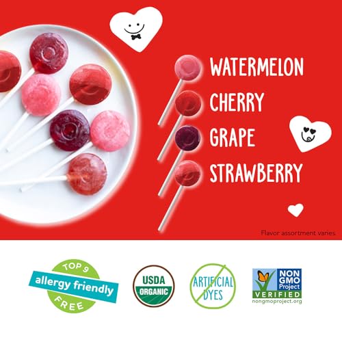 Image of YumEarth Organic Valentines Candy Lollipops Variety - 28 Count Box - Allergy Friendly (Top 9 Free), No Artificial Dyes, Non GMO, Gluten Free, Vegan Candy Snacks (28 Count (Pack of 2), Lollipops)