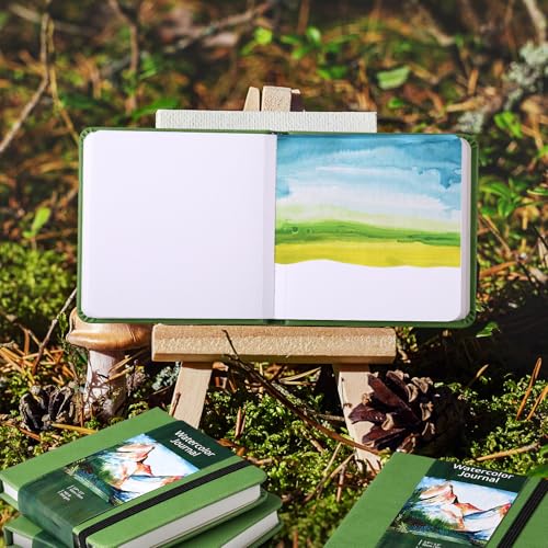 Image of Dispowreath 4 Set Watercolor Sketchbook Journal with Watercolor Brush Pens 300 GSM Cotton Paper Portable Square Small Pocket Notebook Travel for Painters Art Supplies (Green,3.9 x 3.9 Inch)