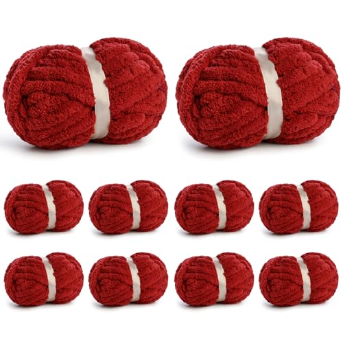 Image of 10 Pack of Jumbo Chunky Yarn for Hand Knitting,10# Super Bulky-Fluffy Chenille Yarn, 220 yds /70.5 oz Soft Thick Yarn for Crocheting Chunky Knit Throw Blankets.(Burgundy)