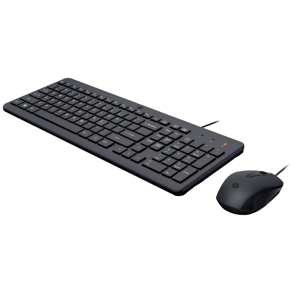 HP 150 przewodowych kombinacji klawiatury myszy, porty USB-A, 12 klawiszy Fn, 1600 DPI, działa z systemem Windows i Mac, cichy, układ QWERTZ, czarny