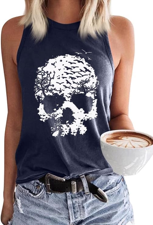 PUCKOLITY Halloween Tank Tops for Women Funny Skull Skeleton Graphic Casual Shirts Sleeveless Workout Vest Fall Tee TopsL 1 Navy Blue