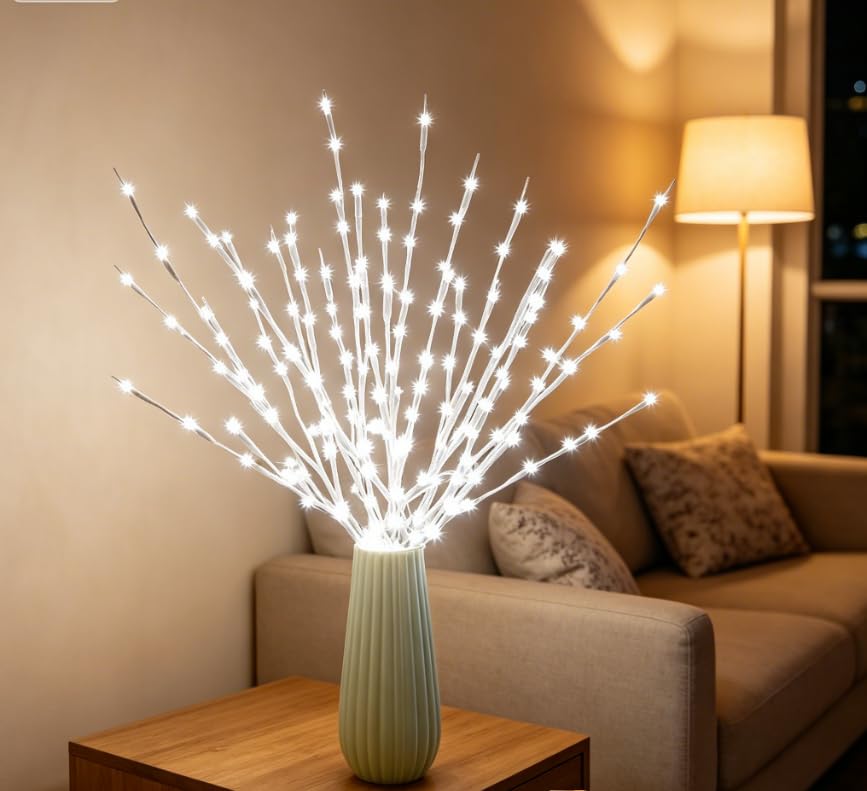 Image of DK177 4 Pack LED Branch Light Battery Operated Lighted Branch Vase Filler Willow Tree Artificial Little Twig Power Brown 30 Inch 20 LED for Home Romantic Decoration, White