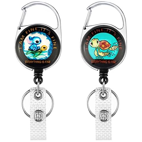 HASFINE 2 Pack Retractable Badge Reels - Cute Cartoon Everything’s Fine Design, Heavy Duty Badge Holder with Carabiner Belt Clip Keyring for Workers, Staff, Nurses, Teachers, and Students Cover