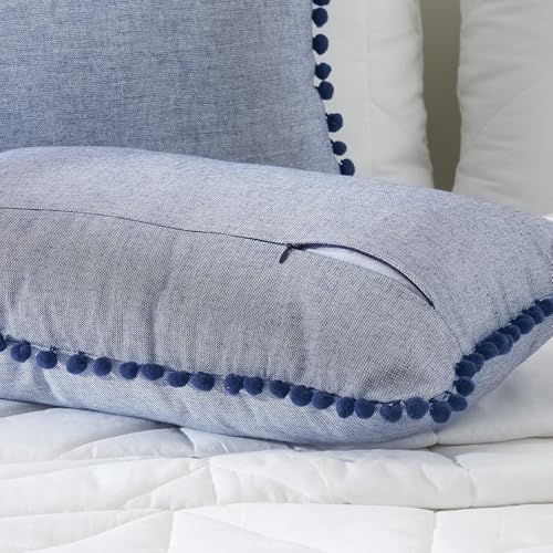 Image of 100% Cotton Pom Pom Cushion Without Filler, Elegant & Modern Cushion Cover for Living Room, Rectangle, 12 inchx20 inch, uni Chambray, Set of 3 - Navy