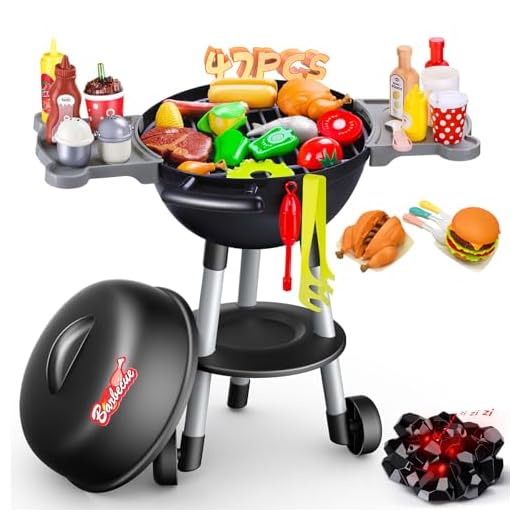 Kimiangel 47 PCS Kids BBQ Grill Playsets, Kitchen Barbecue Cooking Interactive Toys Set, Sizzle Light Pretend Play Food Hamburger Coke for Kids Toddlers Girls Boys Age 3 Up