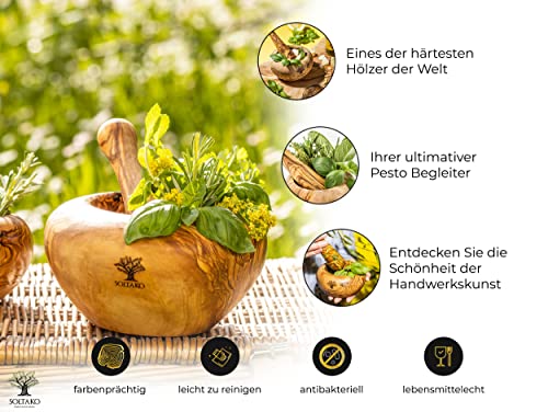 SOLTAKO Premium Mörser mit Stößel aus massivem Olivenholz - Ø 16 cm – Ansicht 3