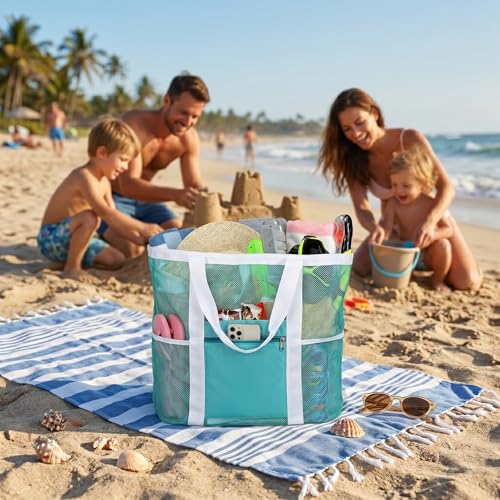 Image of Beach Bag, F-color Mesh Beach Bag Oversized Beach Tote 8 Pockets Beach Toy Bag Lightweight Beach Tote Bag for Women Picnic Travel