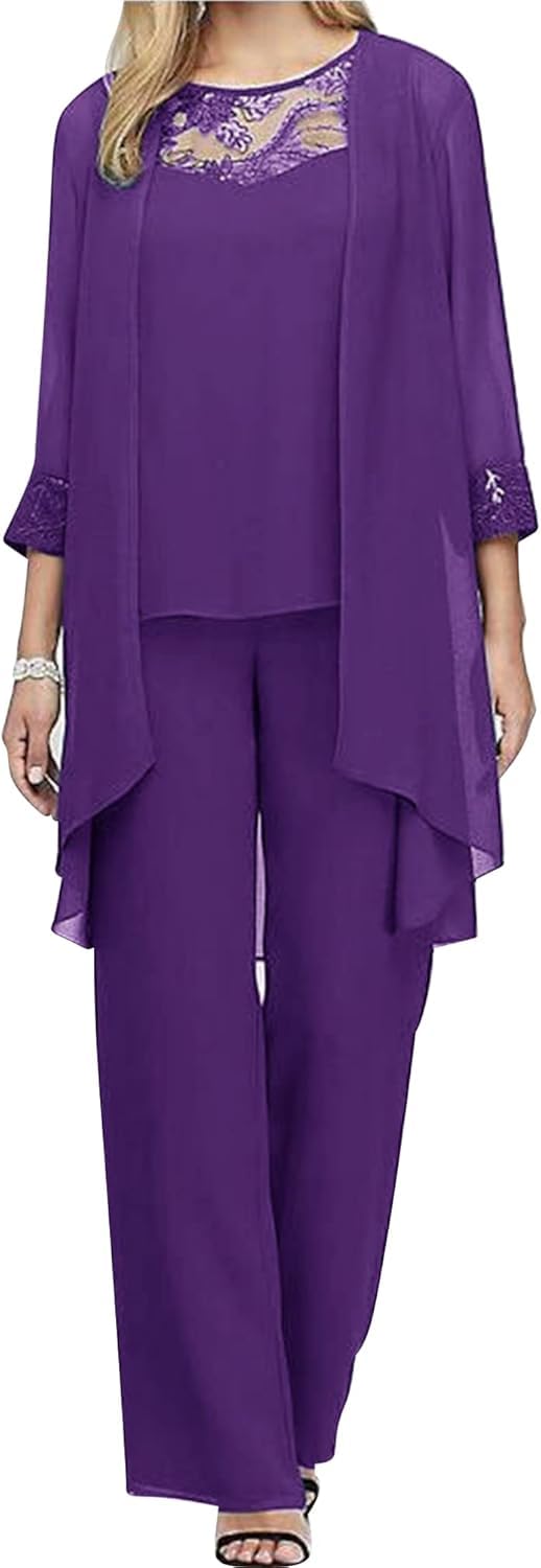 Conjunto de Fiesta de Tres Piezas de Color sólido para Mujer Elegante con Top de Manga 3/4 Pantalones Anchos y de Talla Grande y un Conjunto de Boda Nupcial