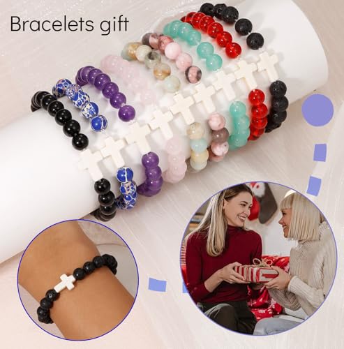 BOMAIL 9Pcs Faith Cross Bracelets for Women Men Adjustable Natural Stone Cross Stretch Bracelets Bulk Inspirational Christian Cross Faith Beaded Bracelet for Easter3