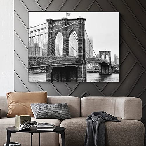 Black And White Wall Art New York Brooklyn Bridge Landscape Poster Skyline Poster Canvas Painting Wall Art Poster For Bedroom Living Room Decor 24X32Inch(60X80Cm) Frame-Style #TOP2