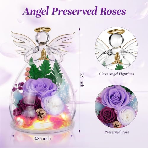Image of encavy Birthday Gifts for Women,Fresh Flowers for Delivery,Preserved Rose Flowers in Angel Figurines,Light Up Purple Angel Real Rainbow Roses for Mom Grandma Wife Her Girlfriend Anniversary