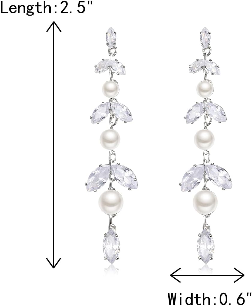 Crysdue Pearl Earrings for Women, Cubic Zirconia Long Chain Drop Dangle Earrings for Prom - Image 5