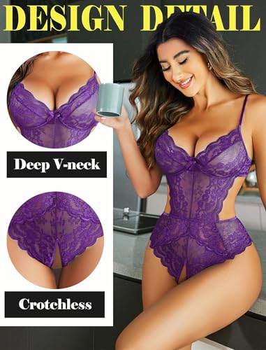 Image of Avidlove Women Lingerie Lace Bodysuit Teddy Lingeries V Neck Cut Out One Piece Mini Babydoll